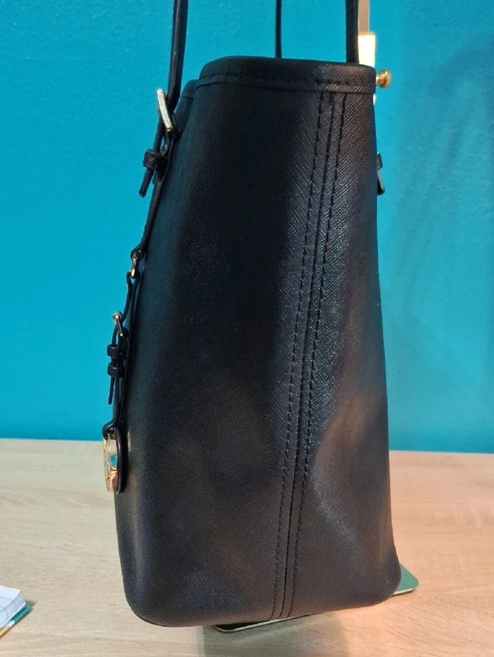 Michael Kors Jet Set Black Tote with Gold Accent Charm